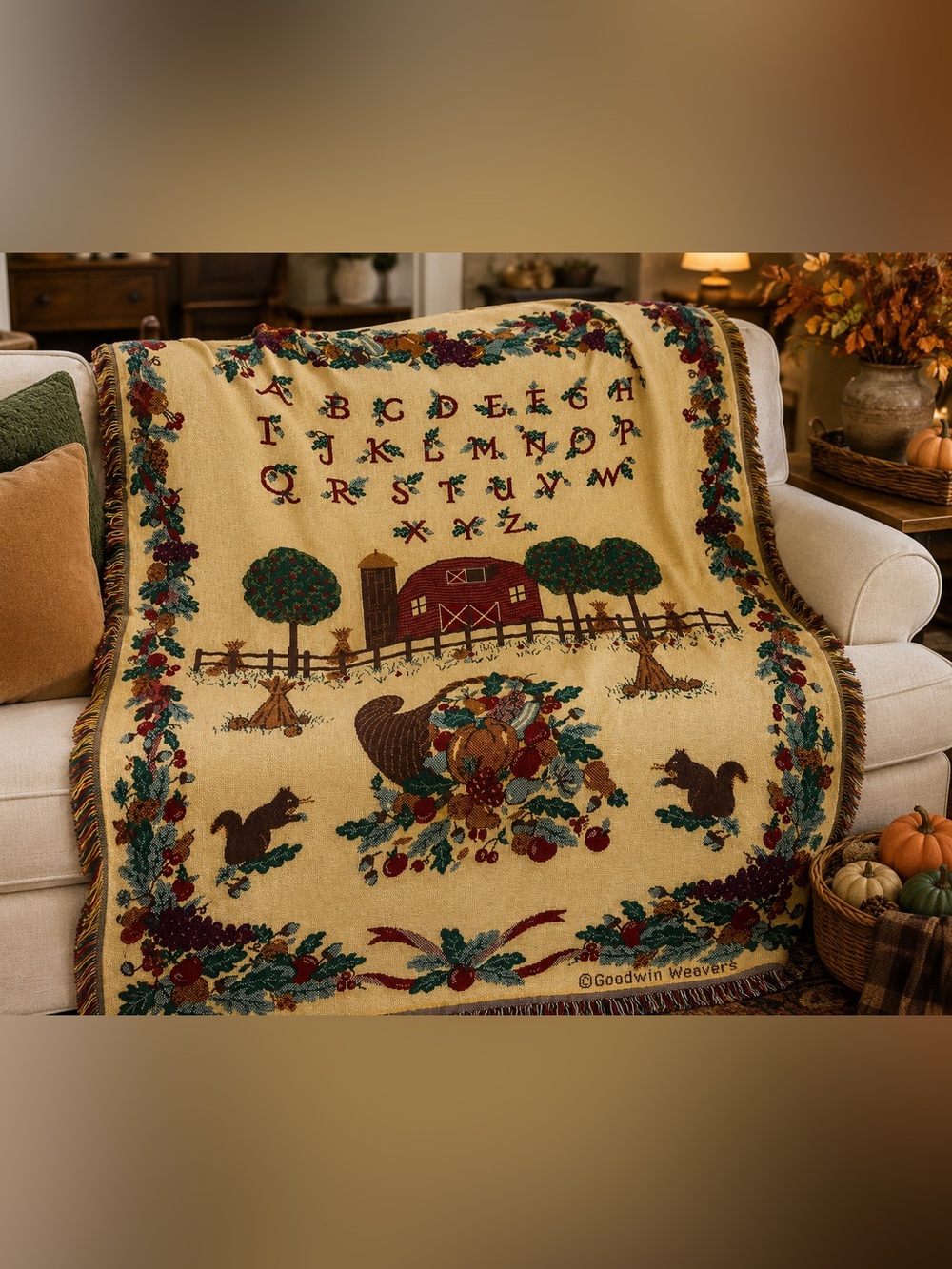 Goodwin Weavers Reversible Throw Blanket Farm Alphabet Harvest Made USA Cotton